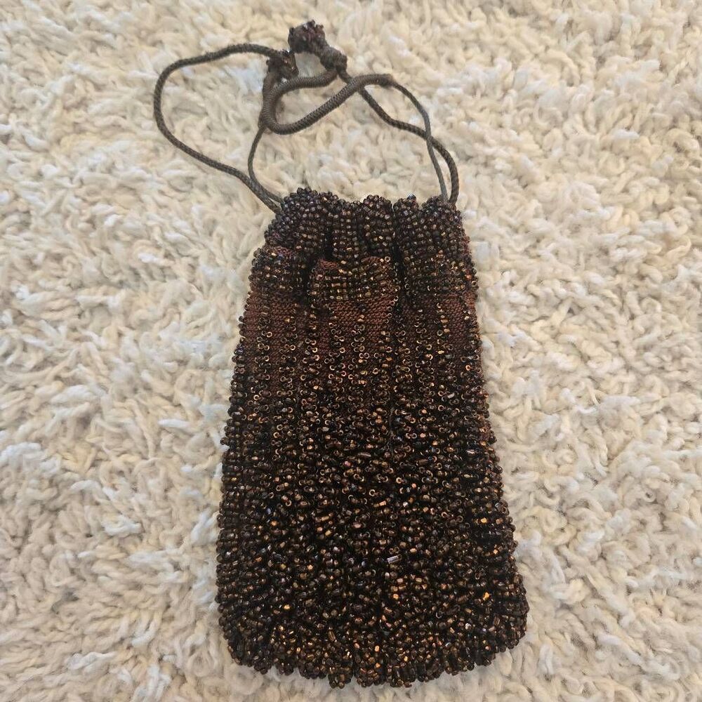 Antique Bronze Brown Bead Flapper Bag Drawstring Purse Pouch